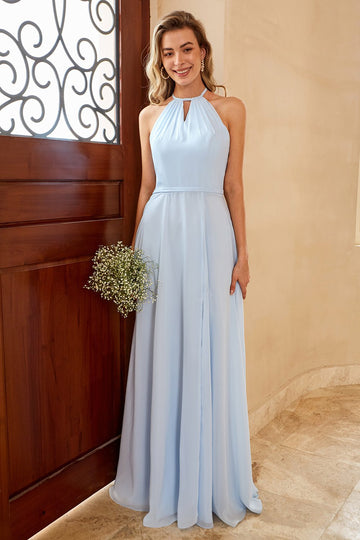Sky Blue Long Chiffon Vestido de dama de honra com fenda